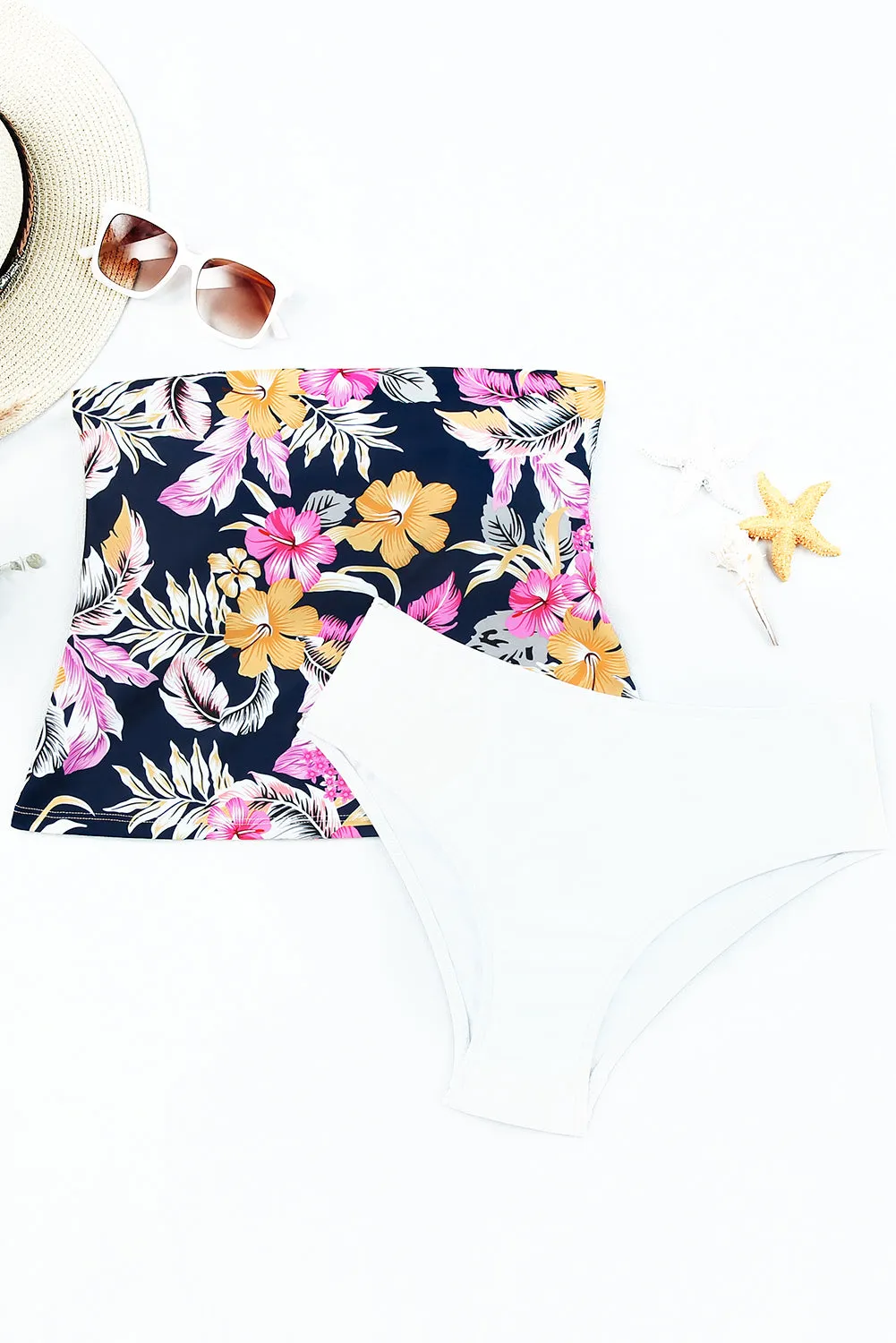 Black Floral Print Bandeau Tankini Set