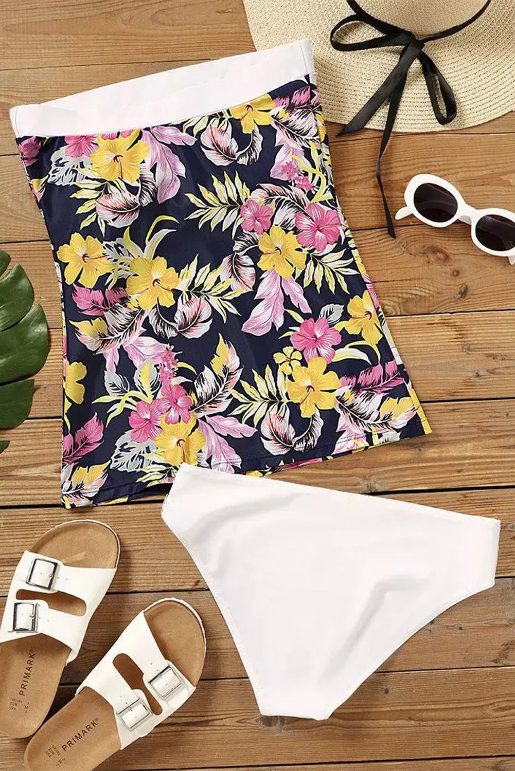 Black Floral Print Bandeau Tankini Set