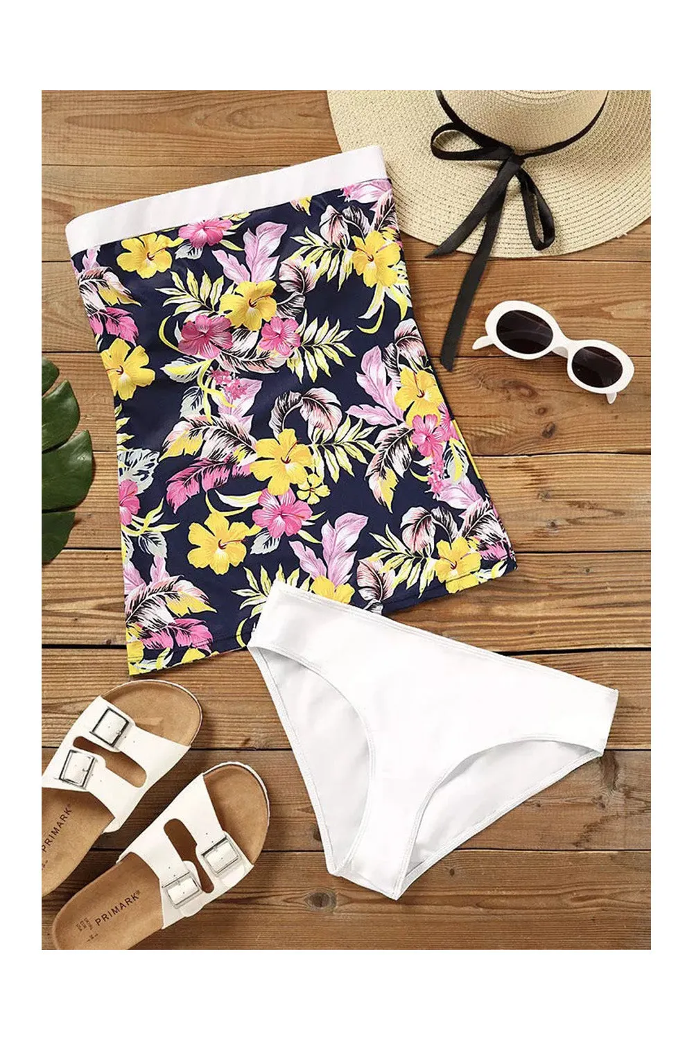 Black Floral Print Bandeau Tankini Set