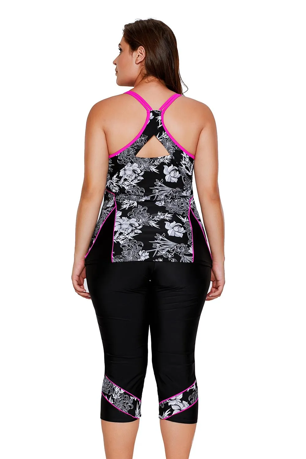 Black Flowery Print Capris Tankini