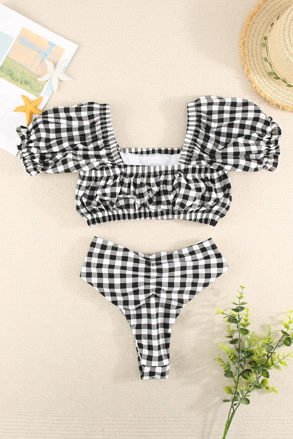 Black Gingham Crop Top High Waisted Bikini Set