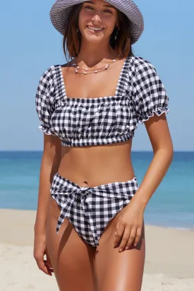 Black Gingham Crop Top High Waisted Bikini Set