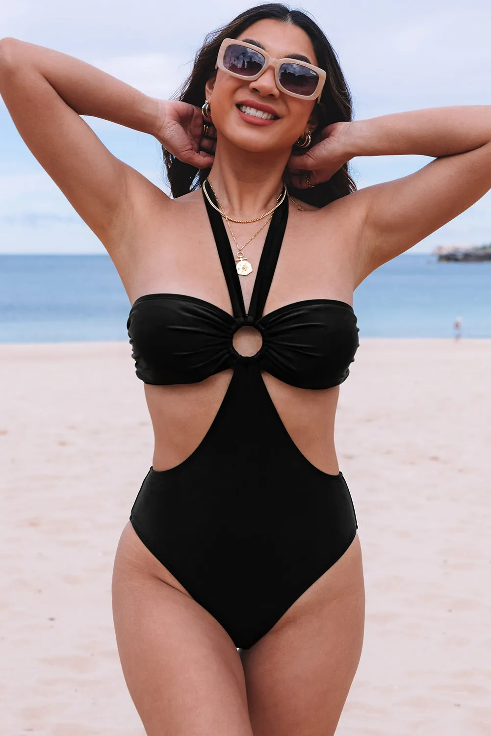 Black Halter Neck Ruched One-Piece Swimsuit