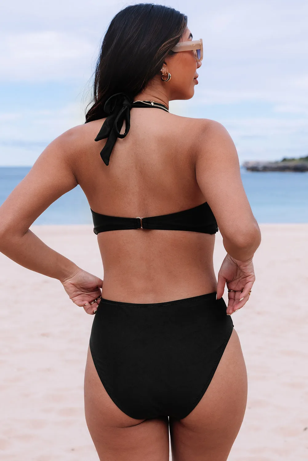 Black Halter Neck Ruched One-Piece Swimsuit