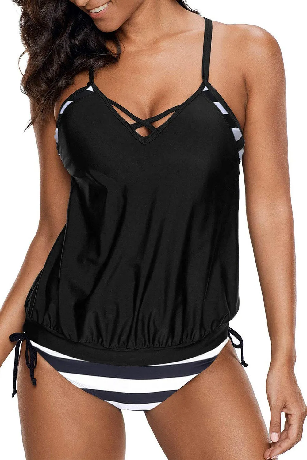 Black Halter Tankini with Stripes Patchwork