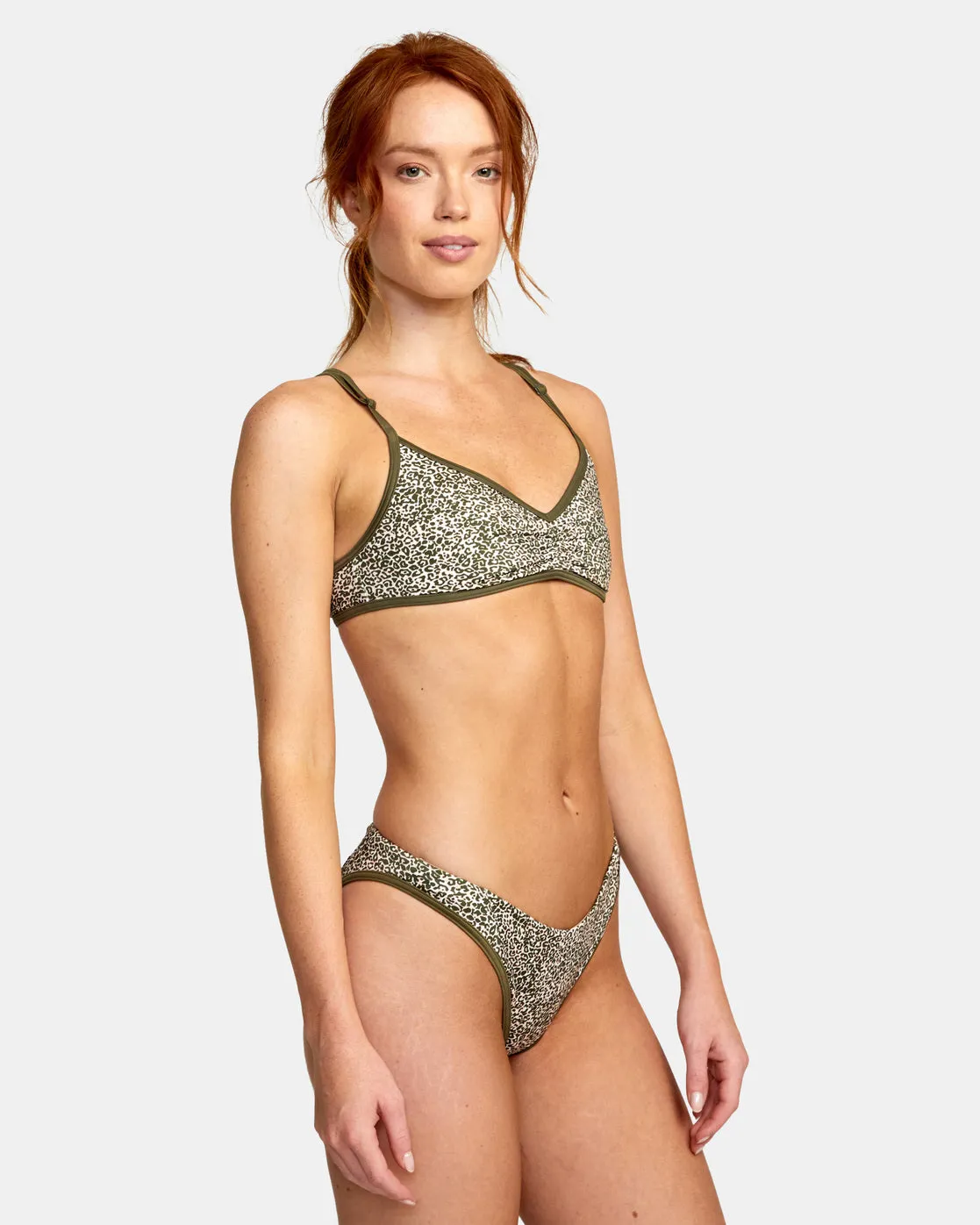 Blocked Hi Leg Bikini Bottoms - Micro Cat Olive