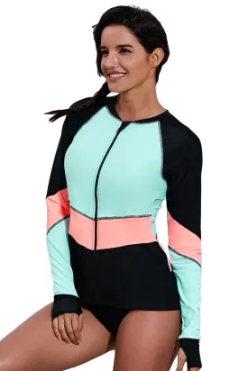 Blue Coral Color Block Zip Down Rashguard Top