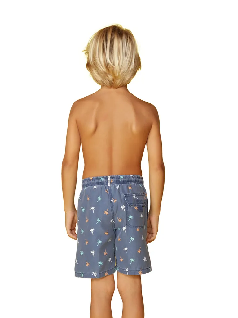 CKLS25 Boys Swim Trunks in a randomized palms print