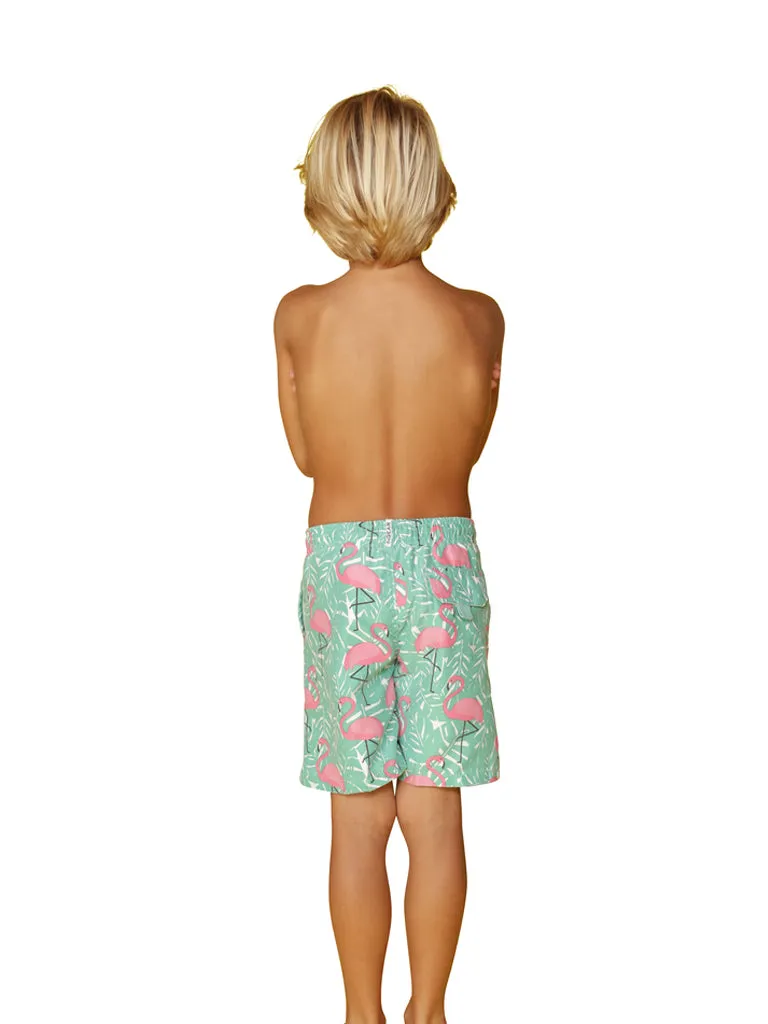 CKLS25 Boys Swim Trunks in a randomized palms print