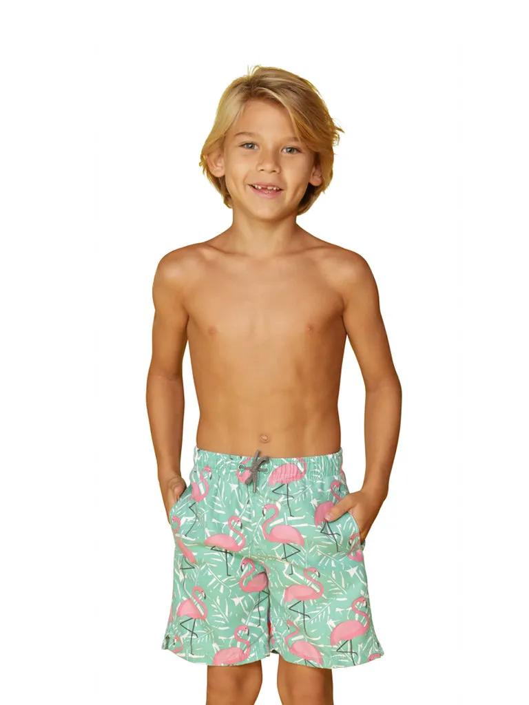 CKLS25 Boys Swim Trunks in a randomized palms print