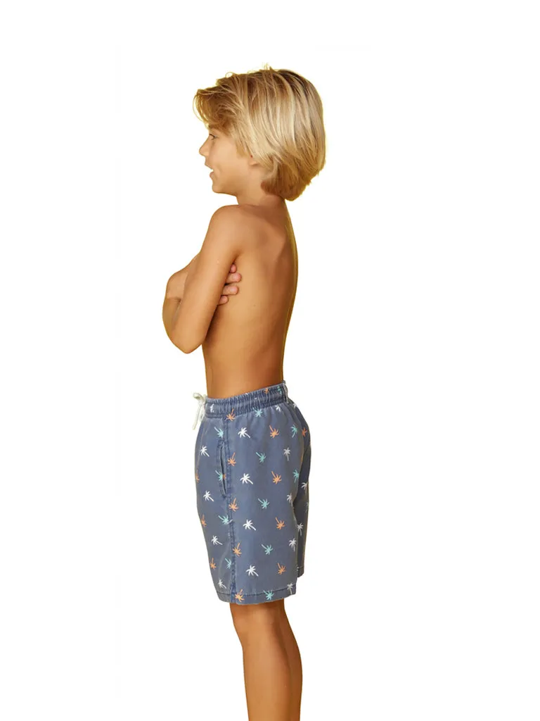 CKLS25 Boys Swim Trunks in a randomized palms print