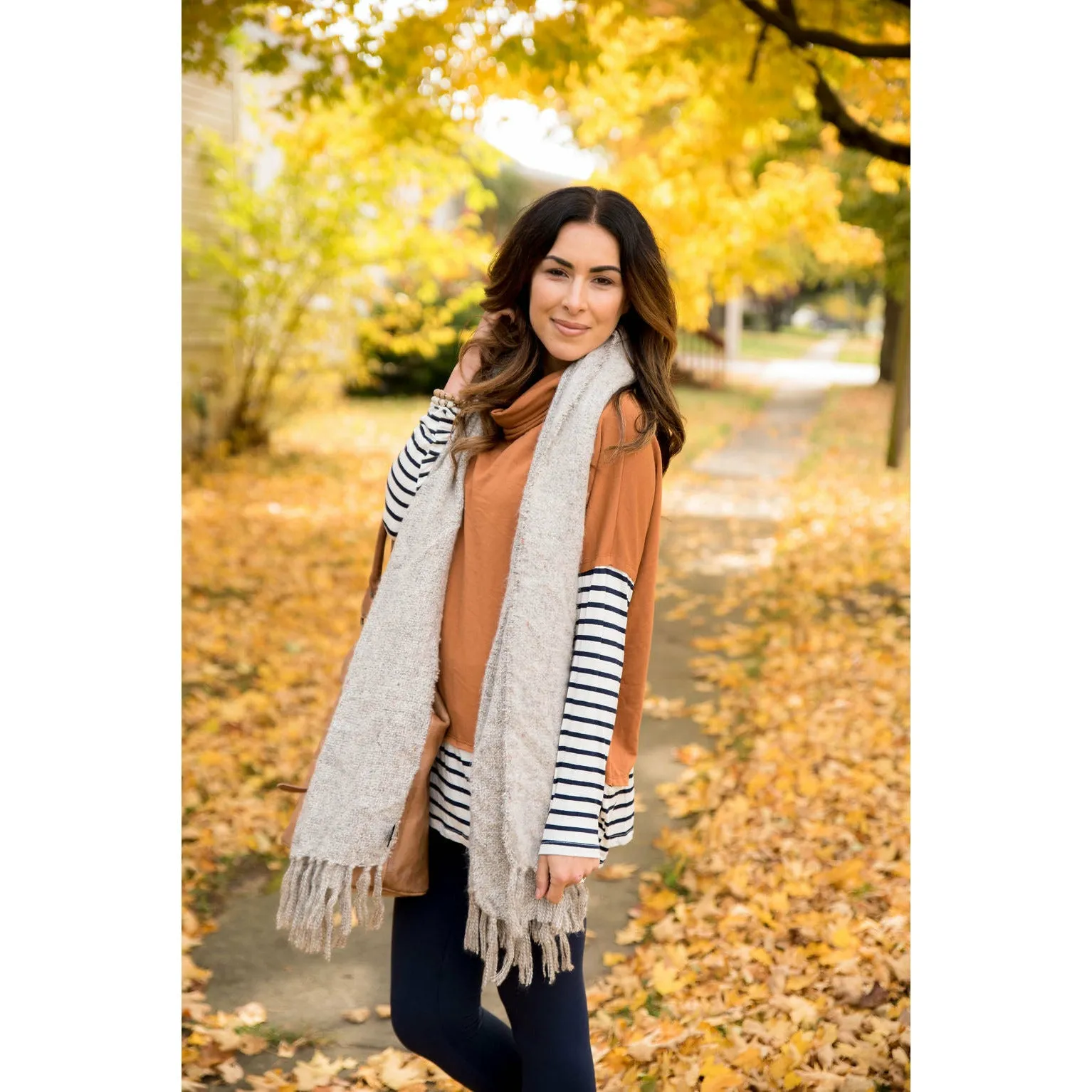 Cognac Striped Cowl Sweatshirt