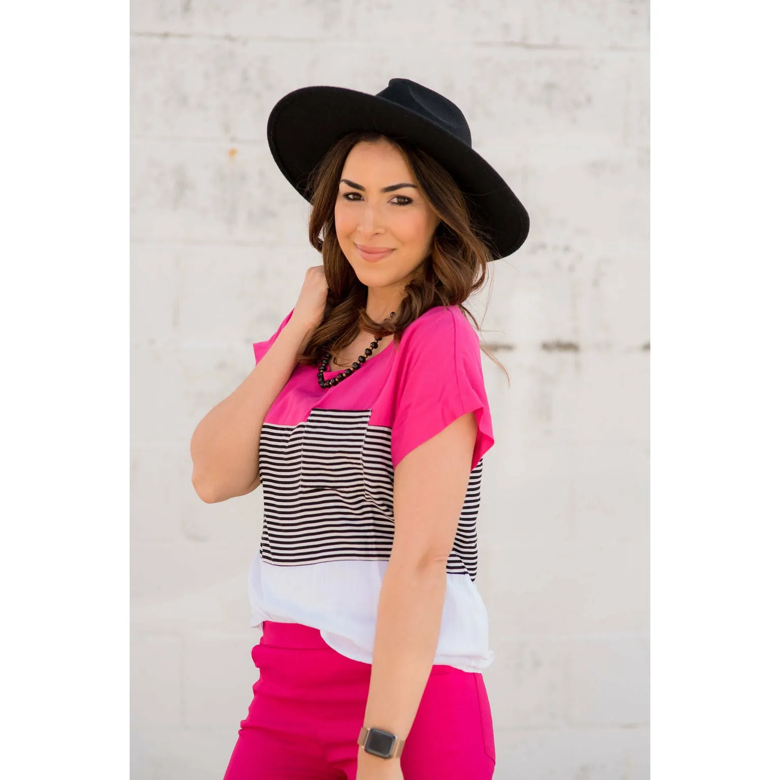 Color Blocked Striped Pocket Tee - Magenta