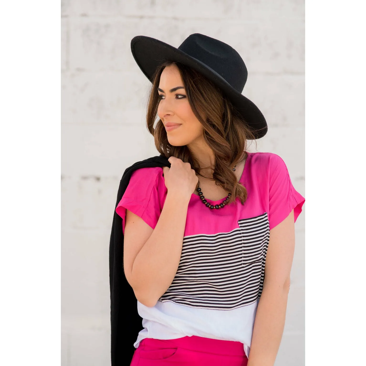 Color Blocked Striped Pocket Tee - Magenta