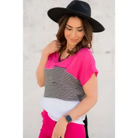 Color Blocked Striped Pocket Tee - Magenta