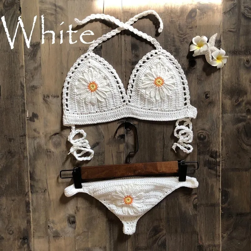 Daisy Applique Crochet Bikini In 9 Different Colors Thong Back Handmade Crocheted Boho Swimsuit White Mint Black Tan Yellow Burnt Orange Red Turquoise And Royal Blue Available In Small Medium Or Large