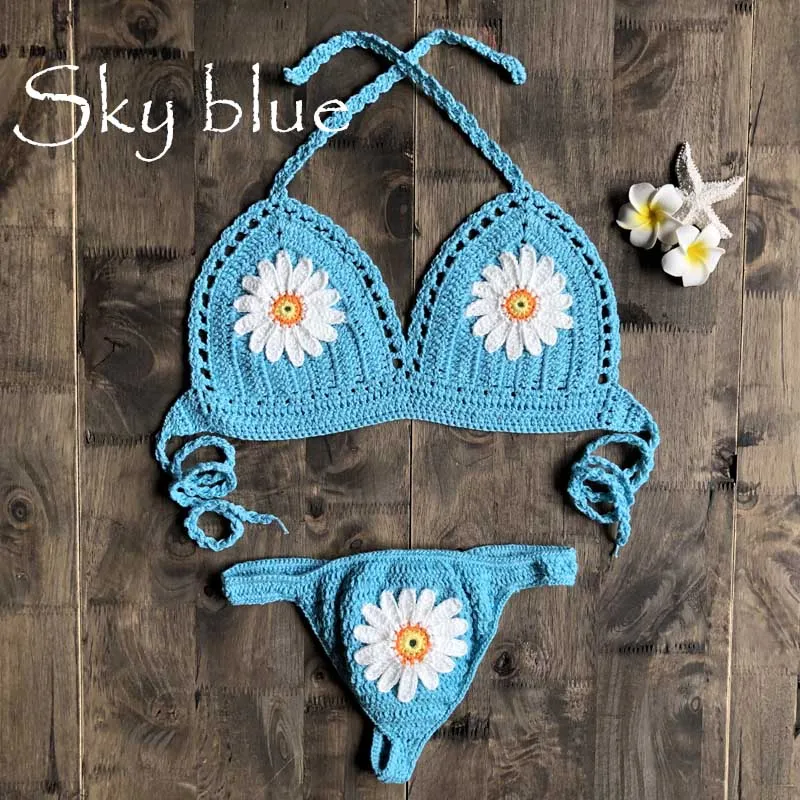 Daisy Applique Crochet Bikini In 9 Different Colors Thong Back Handmade Crocheted Boho Swimsuit White Mint Black Tan Yellow Burnt Orange Red Turquoise And Royal Blue Available In Small Medium Or Large