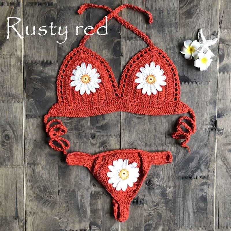 Daisy Applique Crochet Bikini In 9 Different Colors Thong Back Handmade Crocheted Boho Swimsuit White Mint Black Tan Yellow Burnt Orange Red Turquoise And Royal Blue Available In Small Medium Or Large