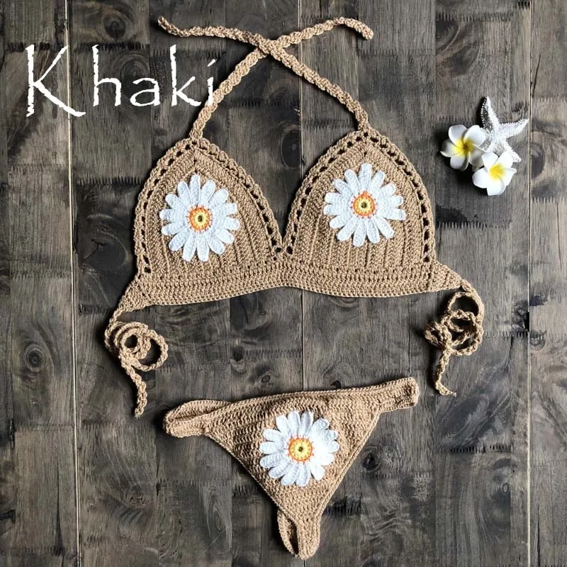 Daisy Applique Crochet Bikini In 9 Different Colors Thong Back Handmade Crocheted Boho Swimsuit White Mint Black Tan Yellow Burnt Orange Red Turquoise And Royal Blue Available In Small Medium Or Large