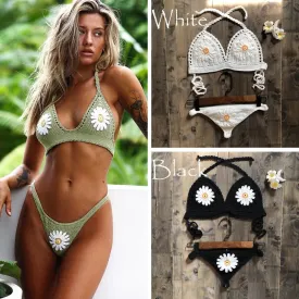 Daisy Applique Crochet Bikini In 9 Different Colors Thong Back Handmade Crocheted Boho Swimsuit White Mint Black Tan Yellow Burnt Orange Red Turquoise And Royal Blue Available In Small Medium Or Large