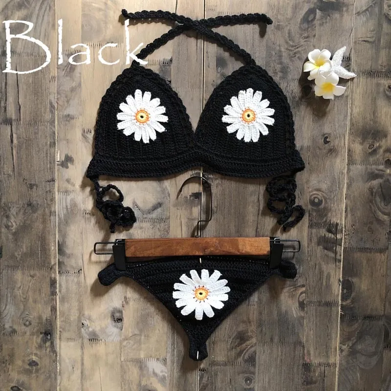 Daisy Applique Crochet Bikini In 9 Different Colors Thong Back Handmade Crocheted Boho Swimsuit White Mint Black Tan Yellow Burnt Orange Red Turquoise And Royal Blue Available In Small Medium Or Large