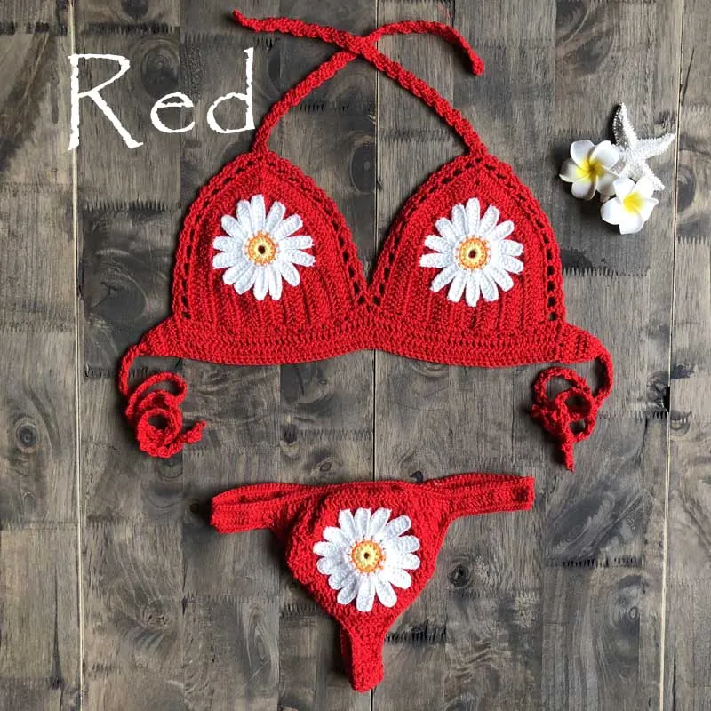 Daisy Applique Crochet Bikini In 9 Different Colors Thong Back Handmade Crocheted Boho Swimsuit White Mint Black Tan Yellow Burnt Orange Red Turquoise And Royal Blue Available In Small Medium Or Large