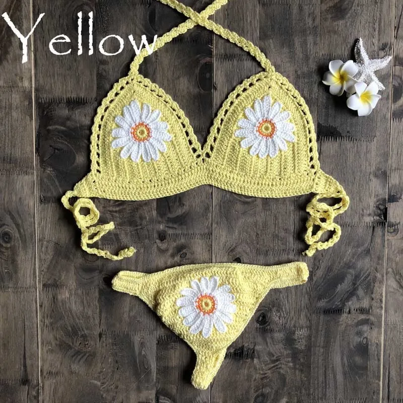 Daisy Applique Crochet Bikini In 9 Different Colors Thong Back Handmade Crocheted Boho Swimsuit White Mint Black Tan Yellow Burnt Orange Red Turquoise And Royal Blue Available In Small Medium Or Large