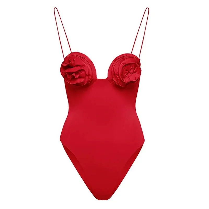 Edgy 3D Rosette Decor Sweetheart Neck Brazilian Cheeky One Piece Swimsuit