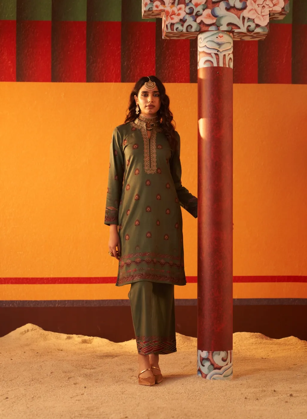 Fern Green Printed Woollen Kurta Set with Zari Work and Stone Work