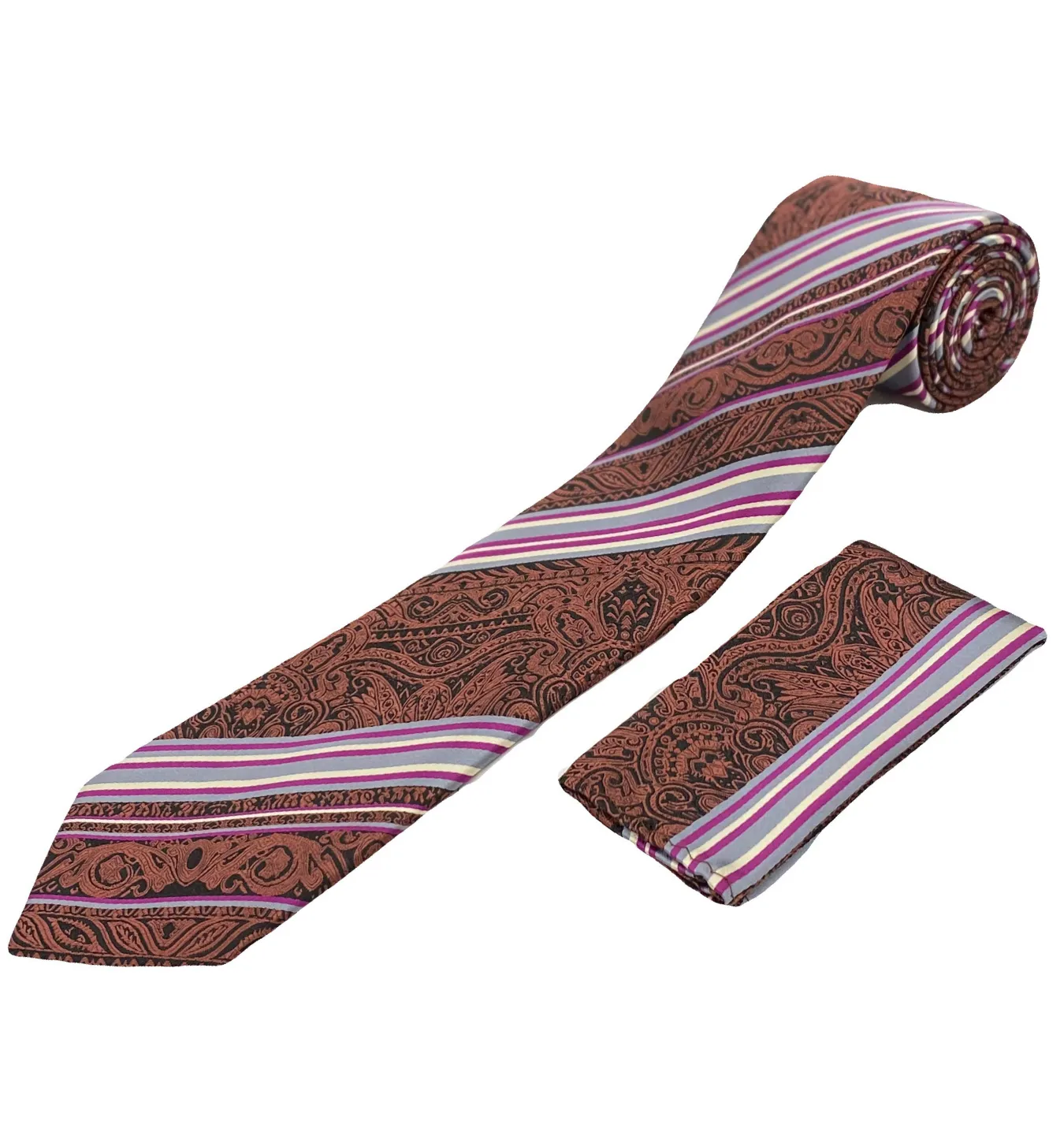 Gianfranco Tie and Handkerchief - Maroon Striped Lace T66