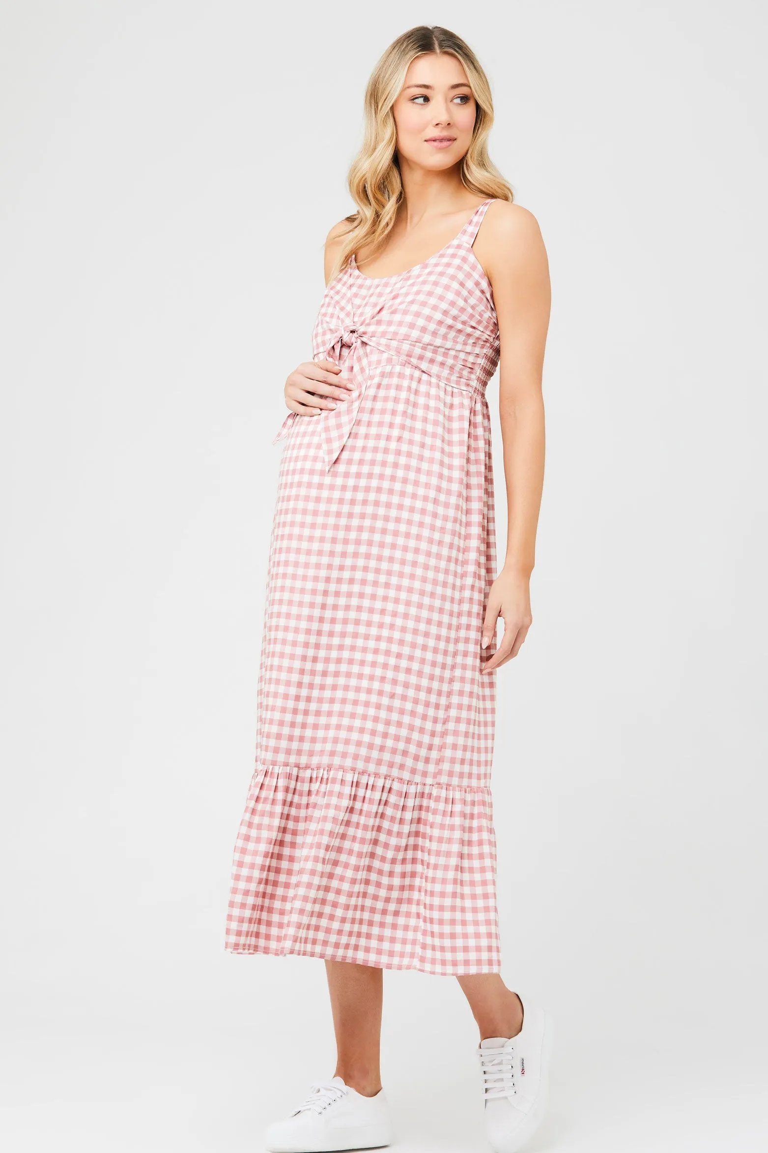 Gingham Maternity Nursing Dress Dusty Pink / White