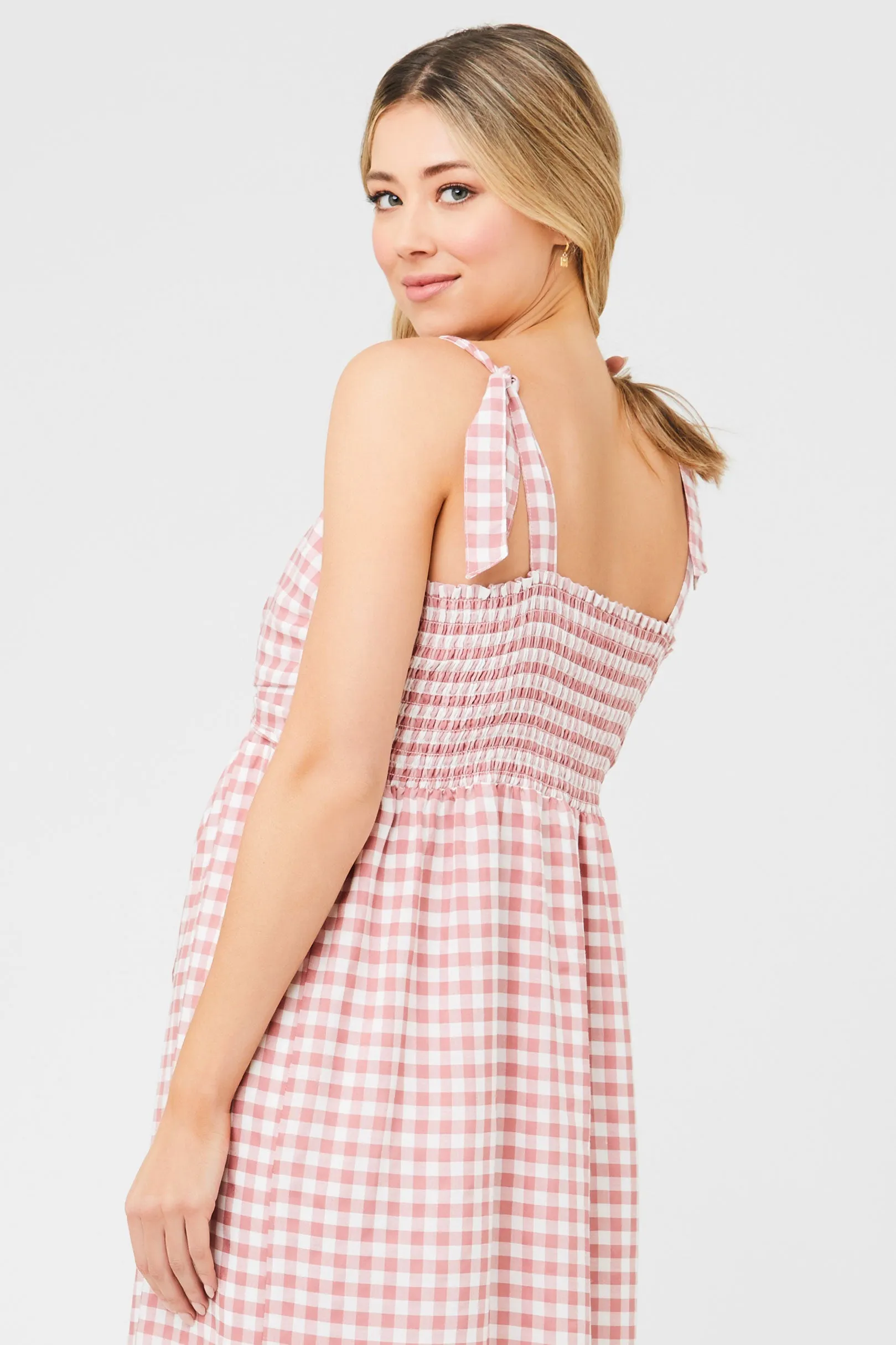 Gingham Maternity Nursing Dress Dusty Pink / White