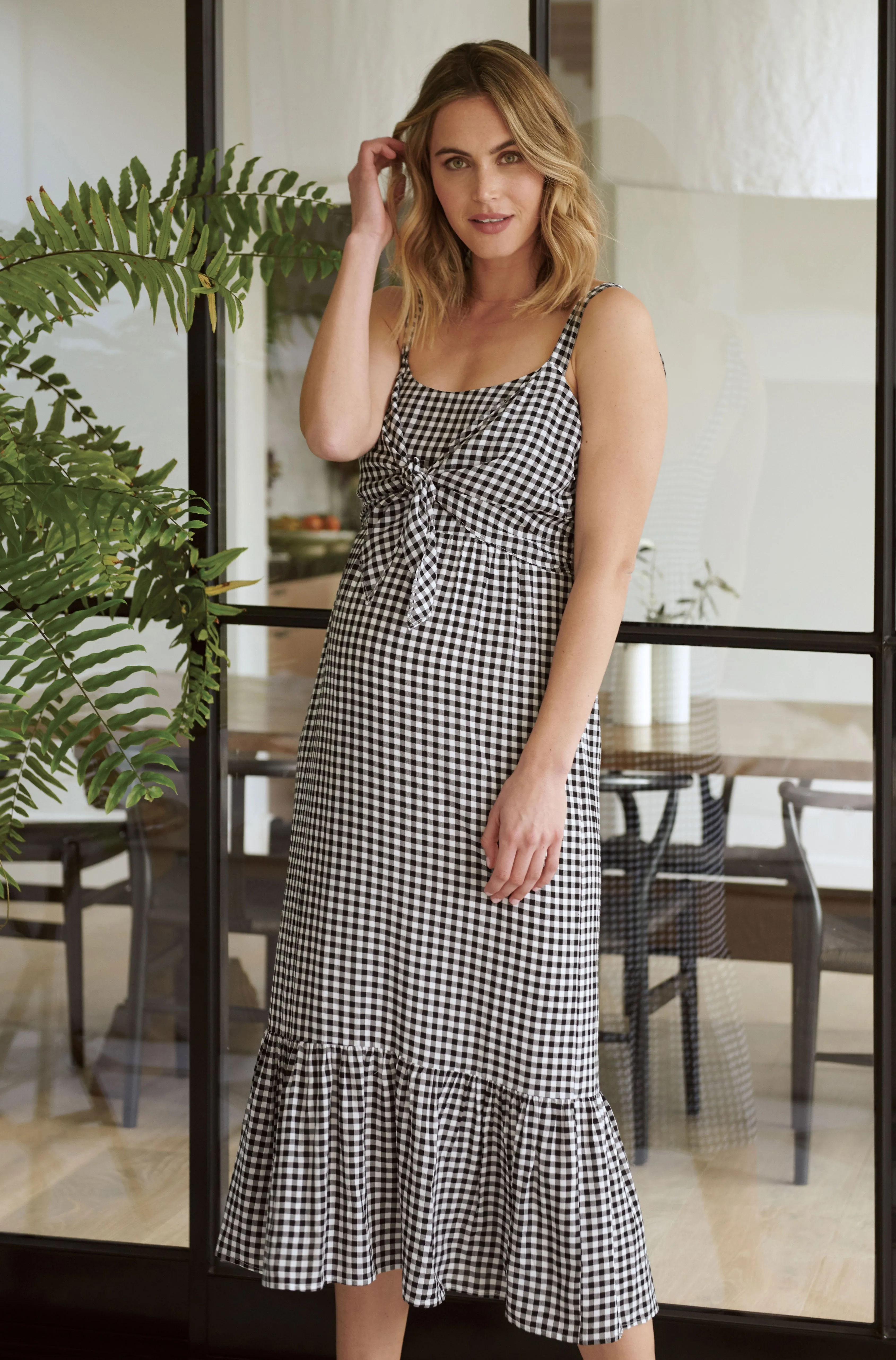 Gingham Maternity Nursing Sun Dress Black / White