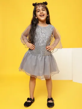 Girls Grey Polyester Regular Fit Sequins Dress