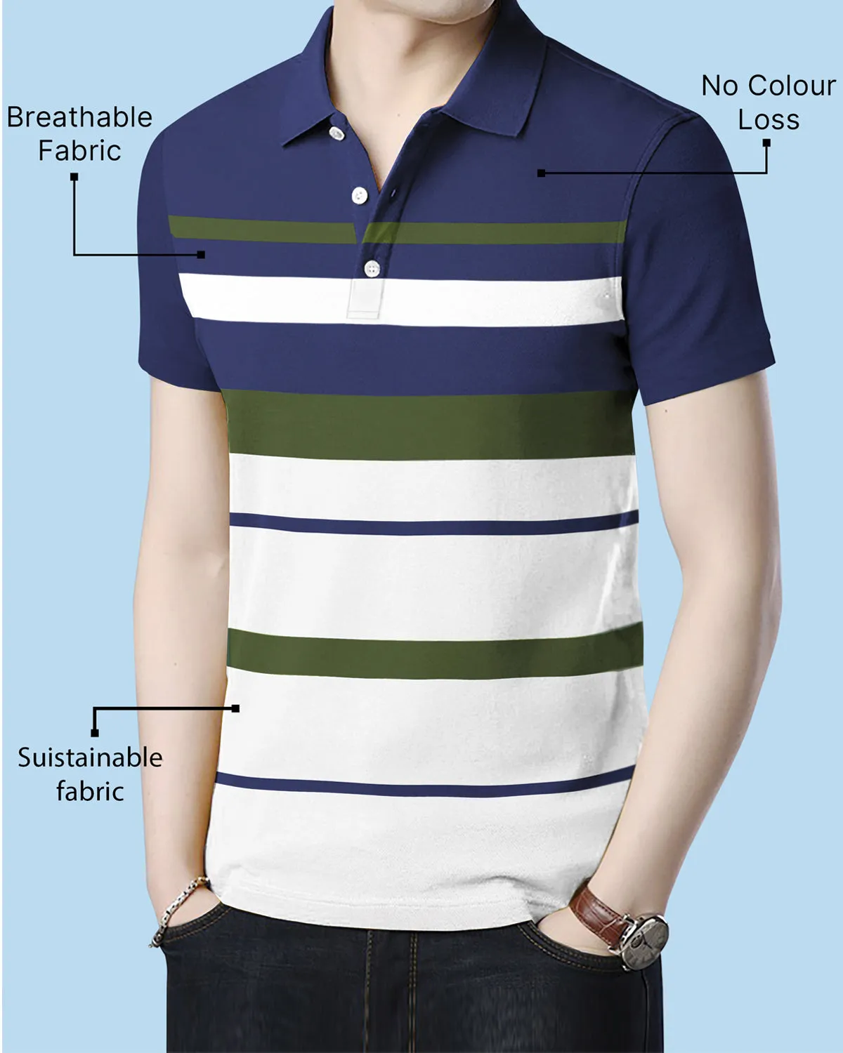 Half Sleeve Navy Blue Multicolour Striped Polo T-Shirt