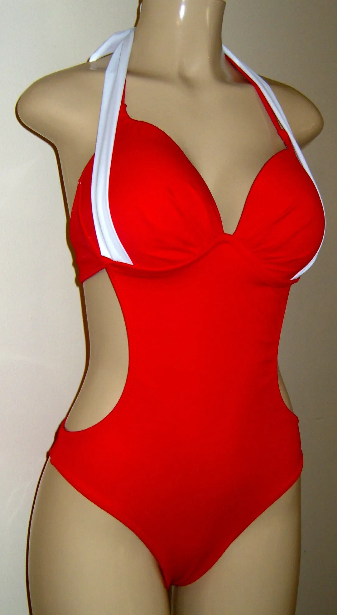 Halter Cutaway Monokini. Underwire Support One Piece Swimsuit.