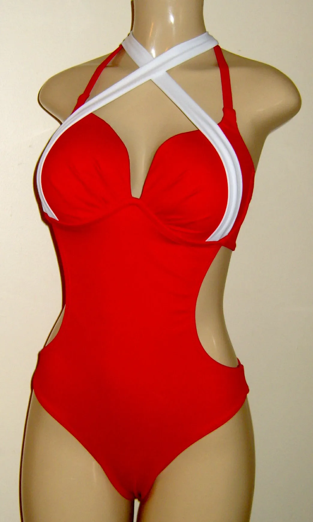 Halter Cutaway Monokini. Underwire Support One Piece Swimsuit.