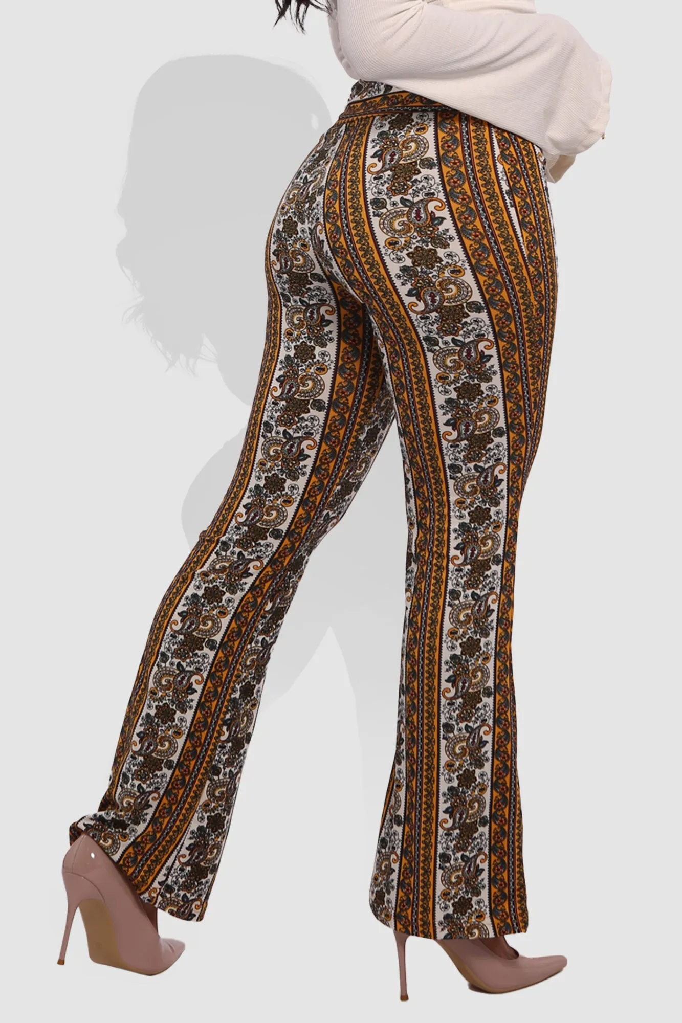 High Waist Buttery Soft Flare Palazzo Pants - Yellow, White, Greenish Blue, Burgundy Boho Print