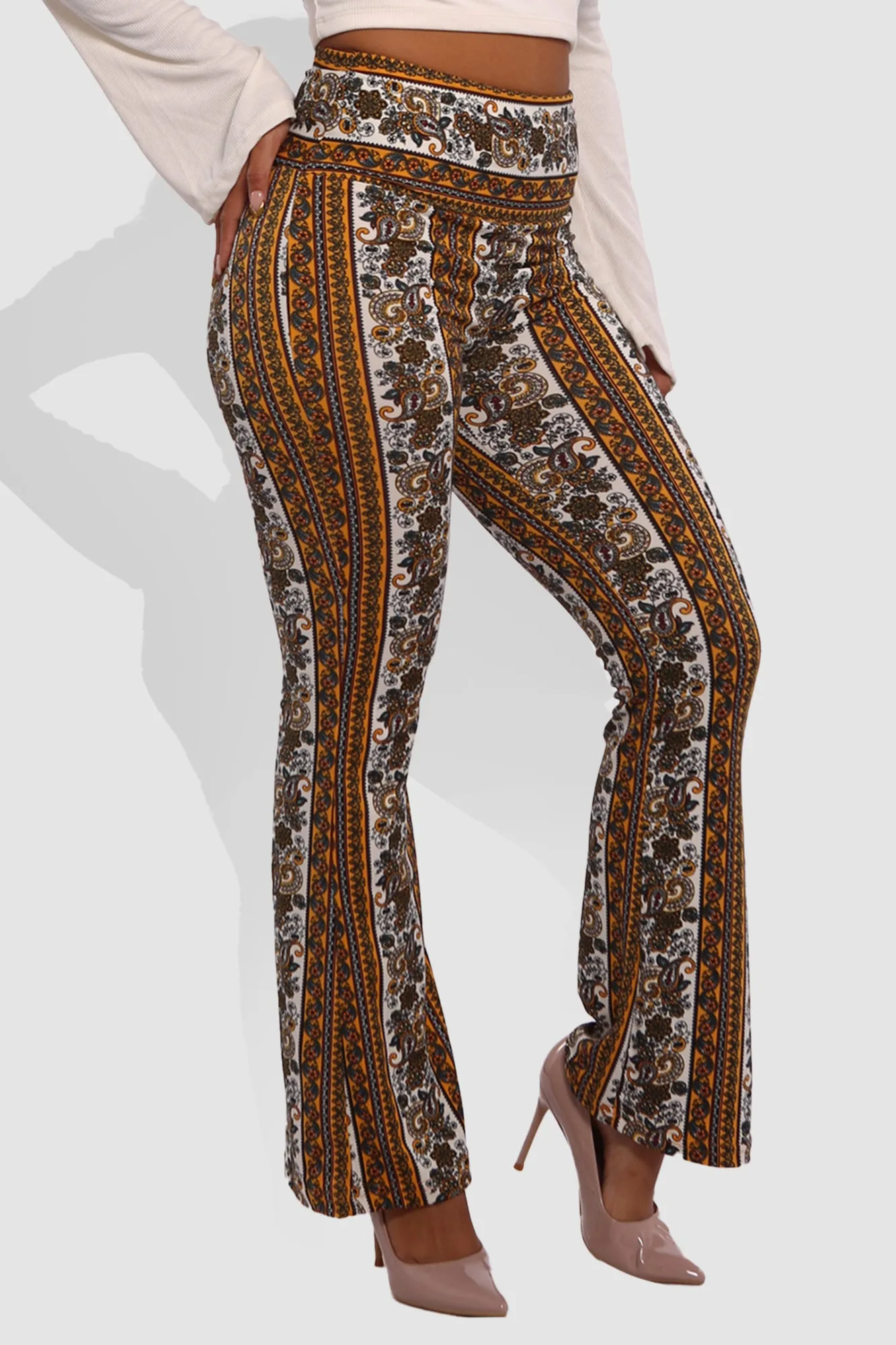 High Waist Buttery Soft Flare Palazzo Pants - Yellow, White, Greenish Blue, Burgundy Boho Print