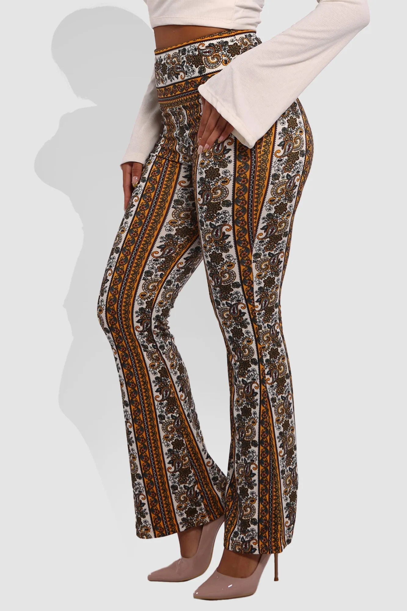 High Waist Buttery Soft Flare Palazzo Pants - Yellow, White, Greenish Blue, Burgundy Boho Print