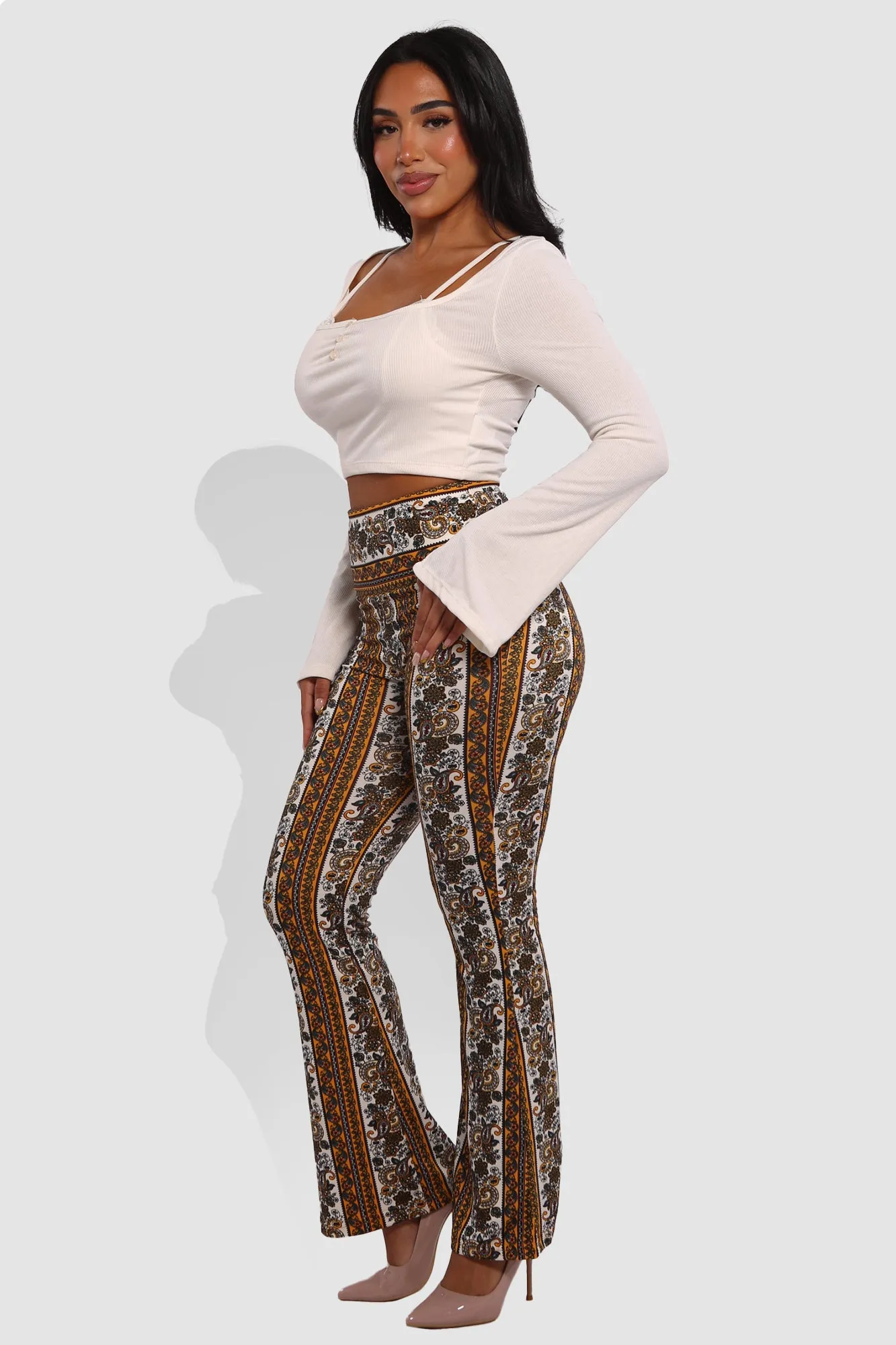 High Waist Buttery Soft Flare Palazzo Pants - Yellow, White, Greenish Blue, Burgundy Boho Print