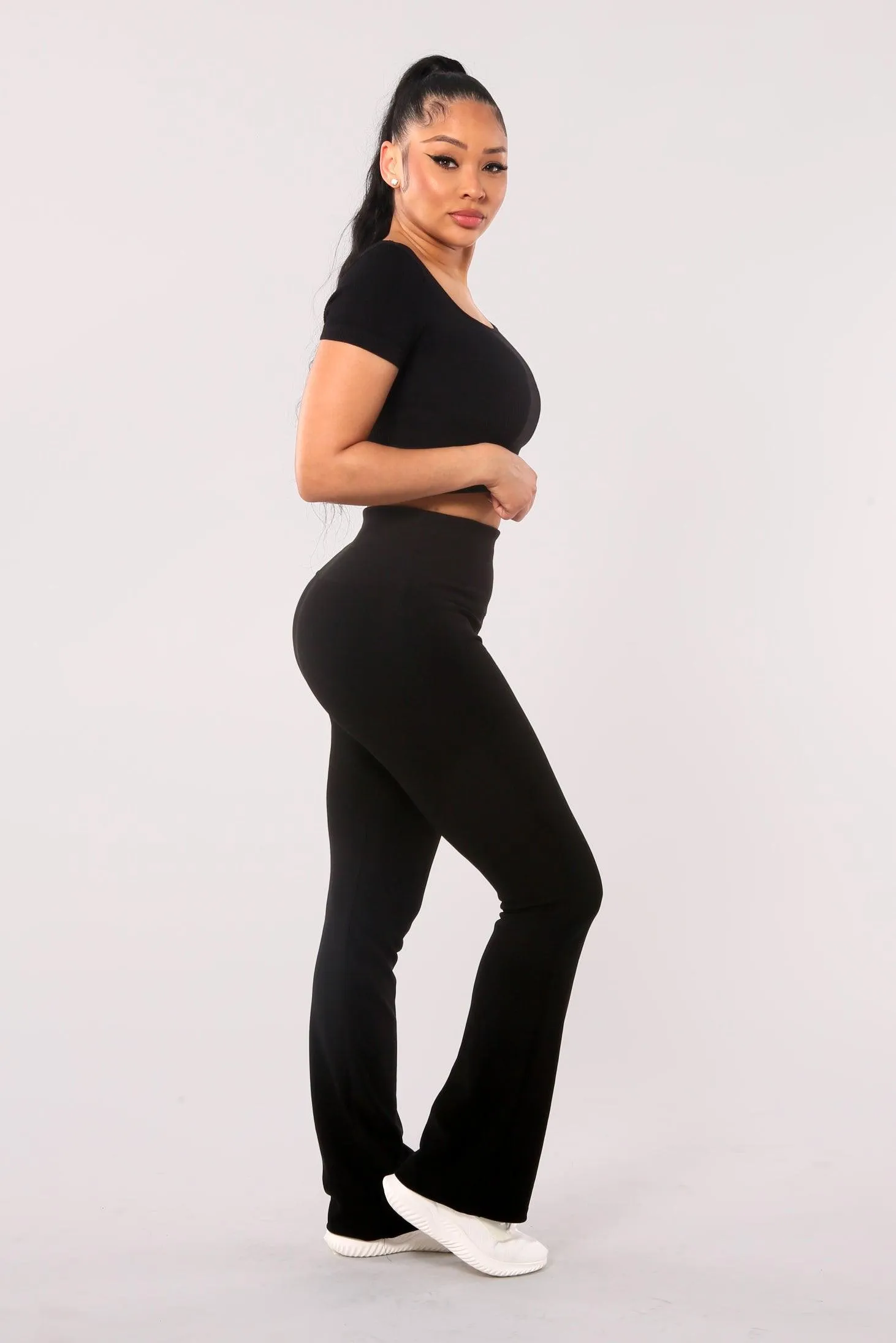 High Waist Rib Knit Tummy Control Flare Pants - Black