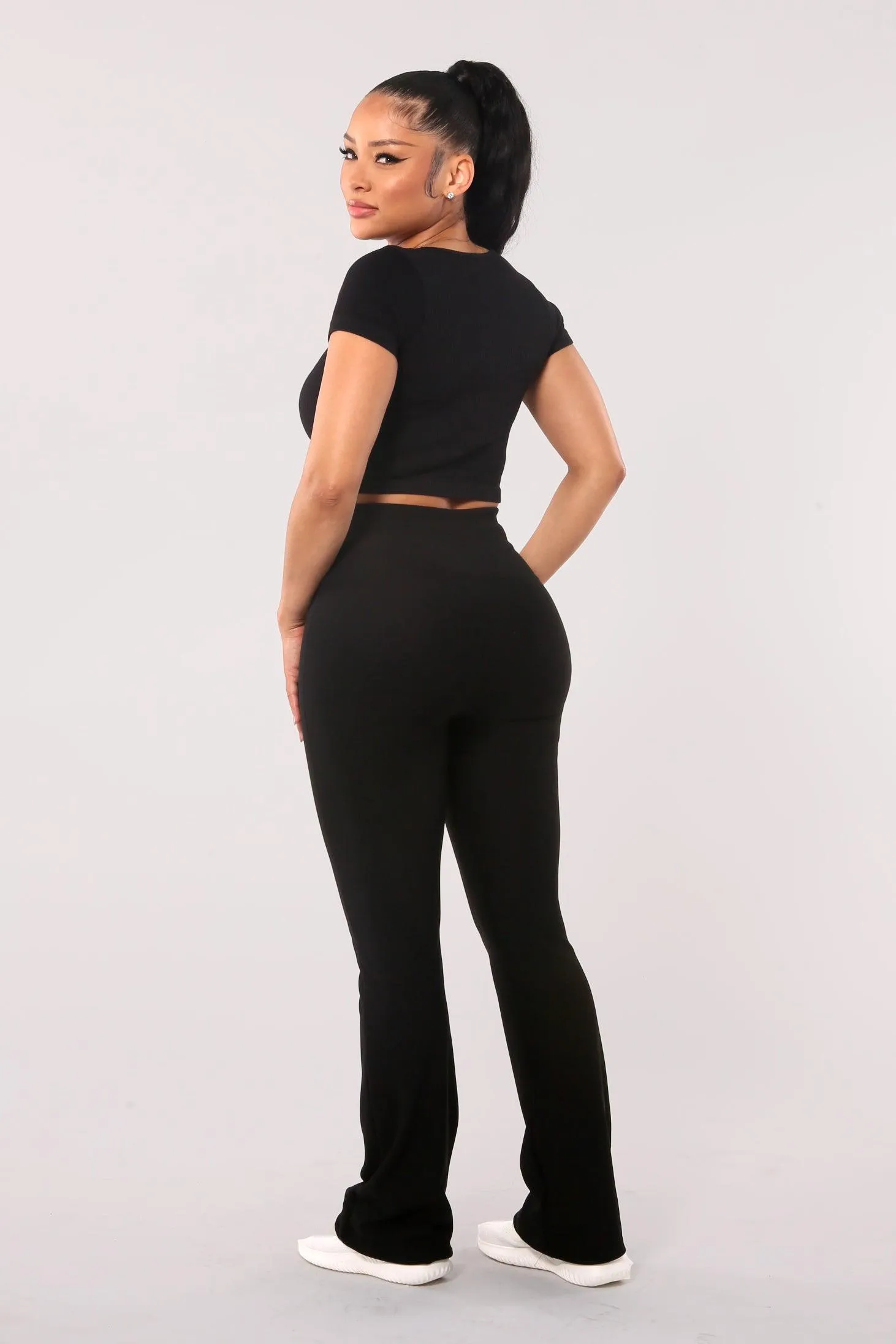 High Waist Rib Knit Tummy Control Flare Pants - Black