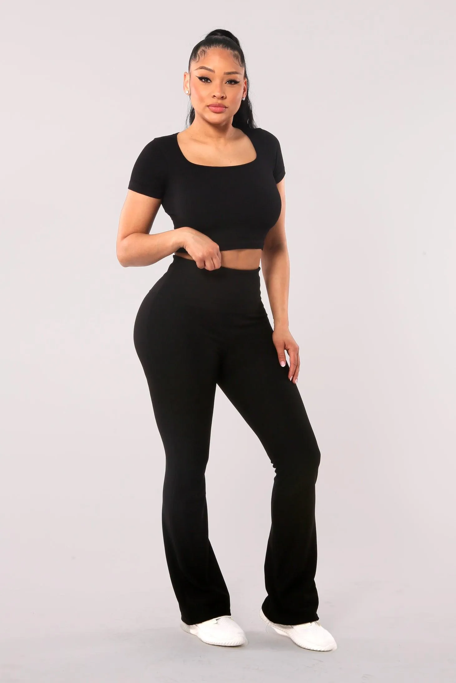 High Waist Rib Knit Tummy Control Flare Pants - Black