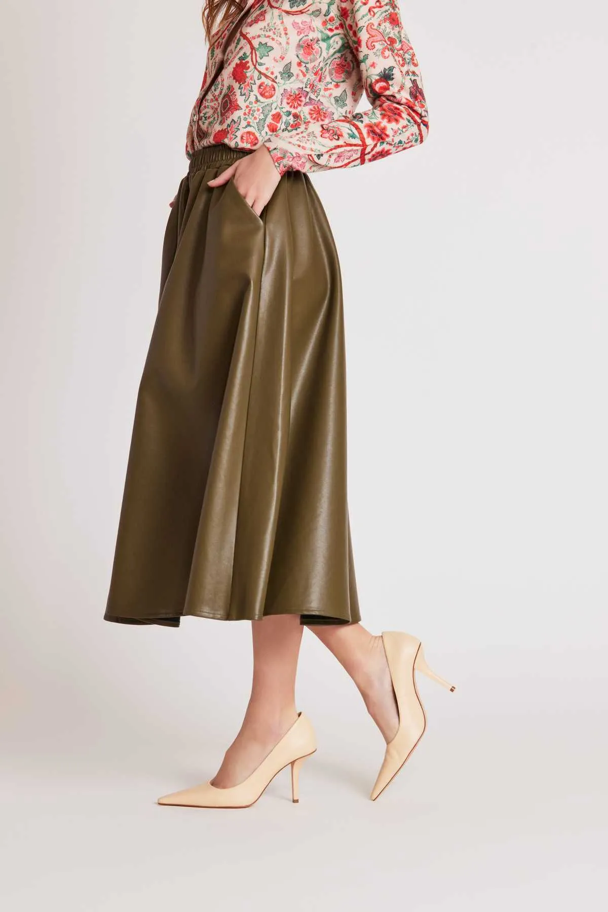 Honorine Vegan Leather Midi Skirt - Olive