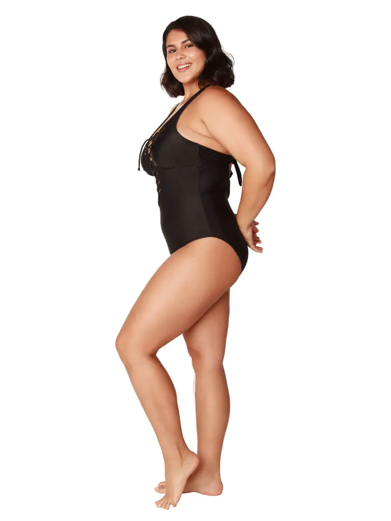 Lace-up front deep v-neck one piece bathing suit