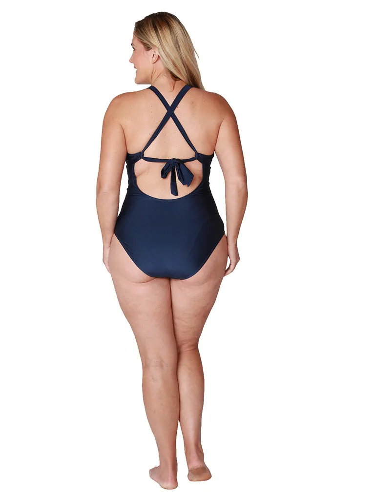 Lace-up front deep v-neck one piece bathing suit