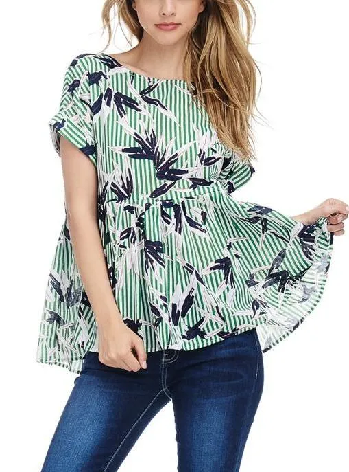 Leaf Print Striped Blouse