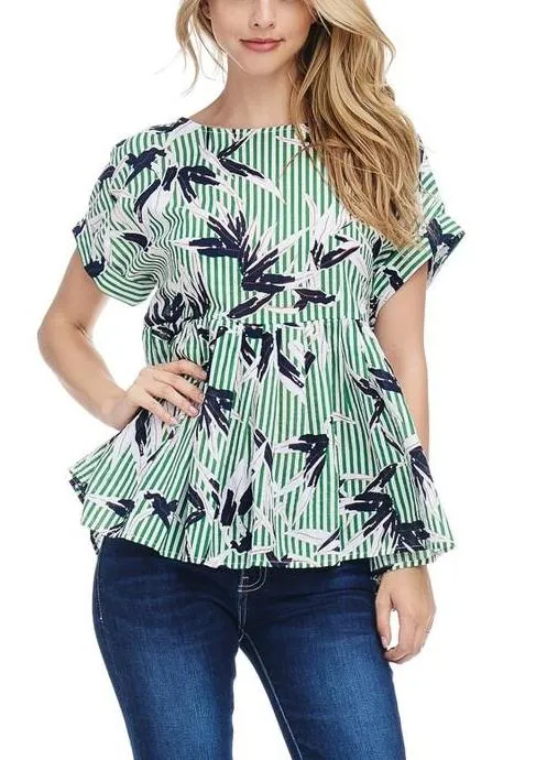 Leaf Print Striped Blouse