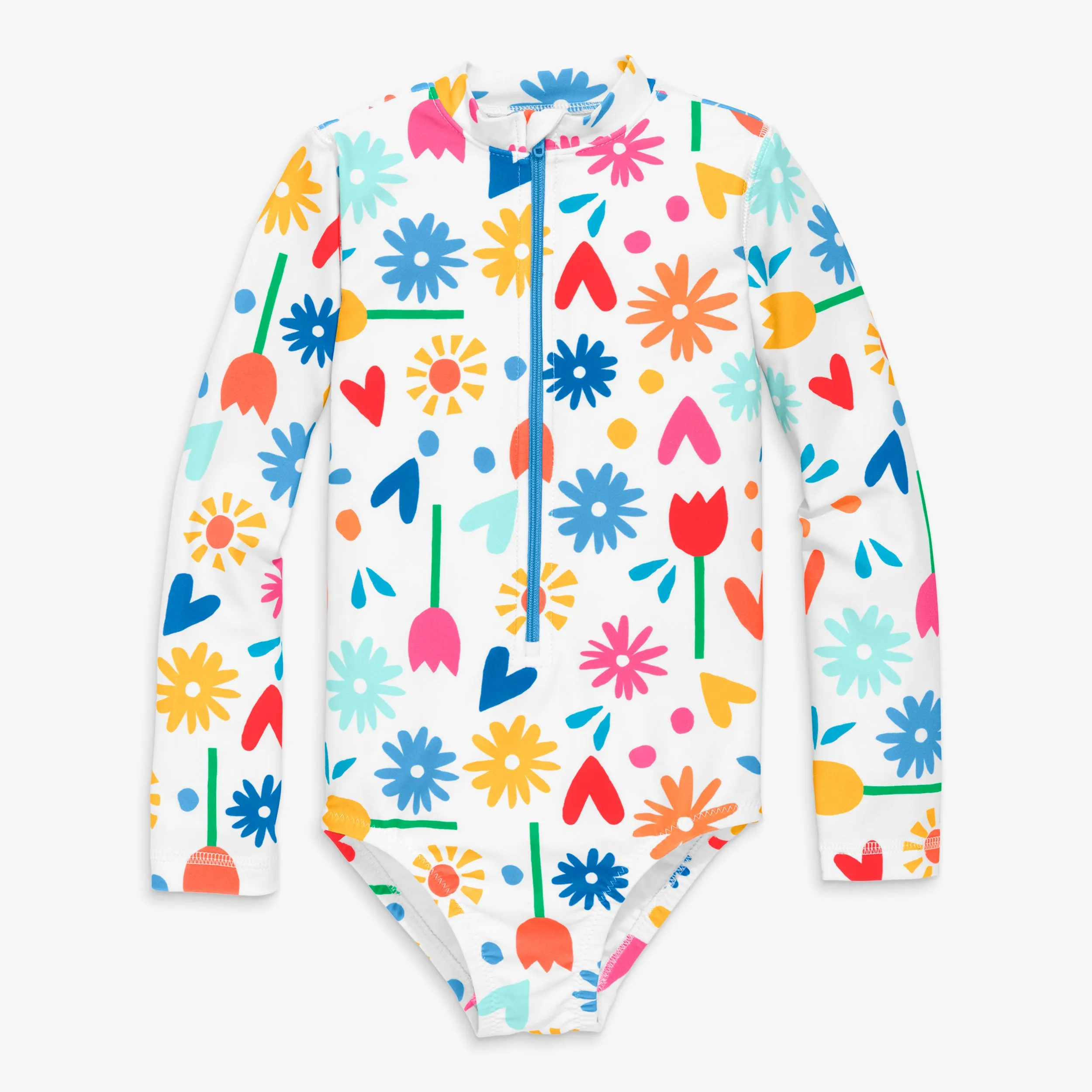 Long sleeve one-piece rash guard in rainbow garden party